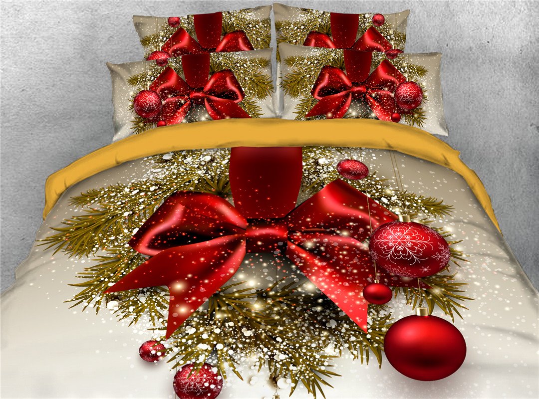 3D Christmas Theme 4-Piece Duvet Cover Set/Bedding Set Snowman Red Bow Comforter Cover with Zipper Closure and Corner Ties 2 Pillowcases 1 Flat Sheet 1 Duvet Cover Soft Skin-friendly Microfiber